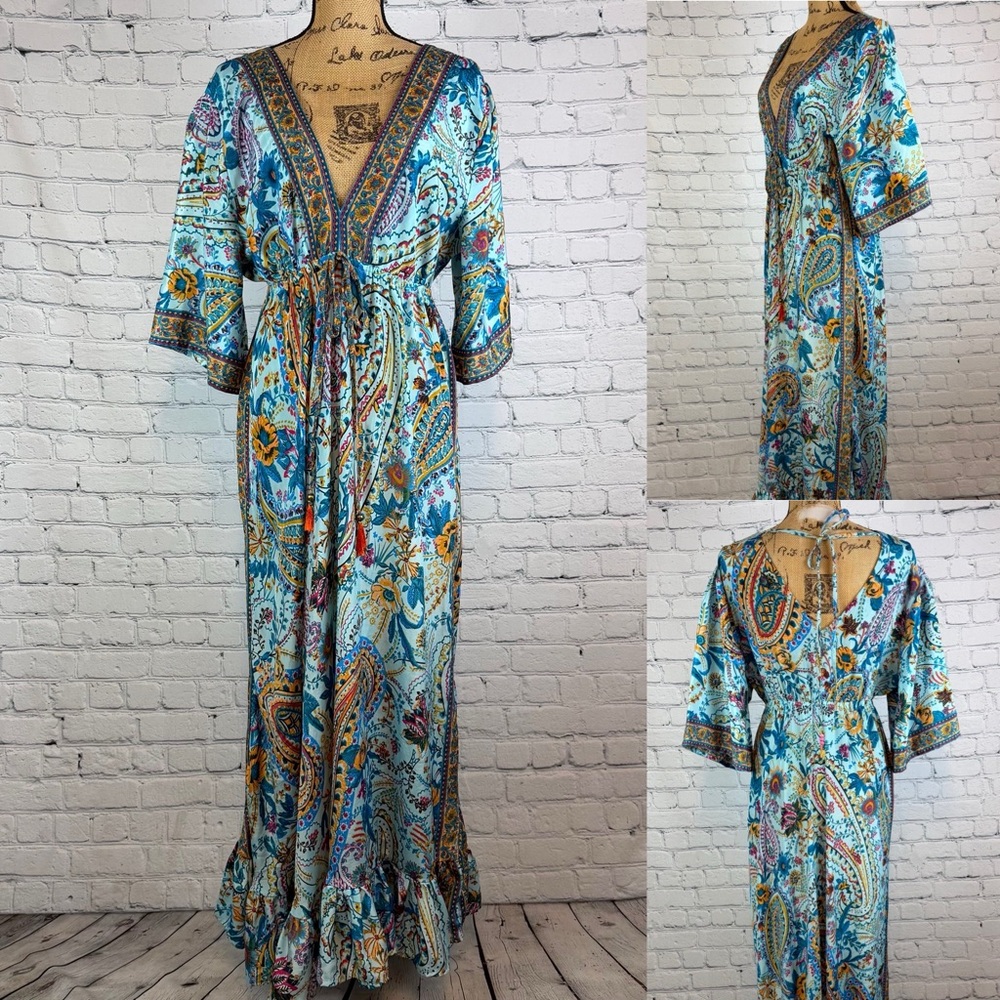 Boho Paisley Print V Neckline Kimono Sleeve Maxi